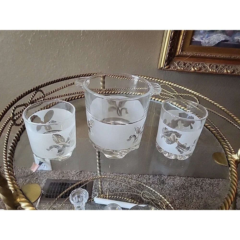 Ice Bucket Frosted & Glasses - Set Of 2 Italy 1960's 1970's Vtg